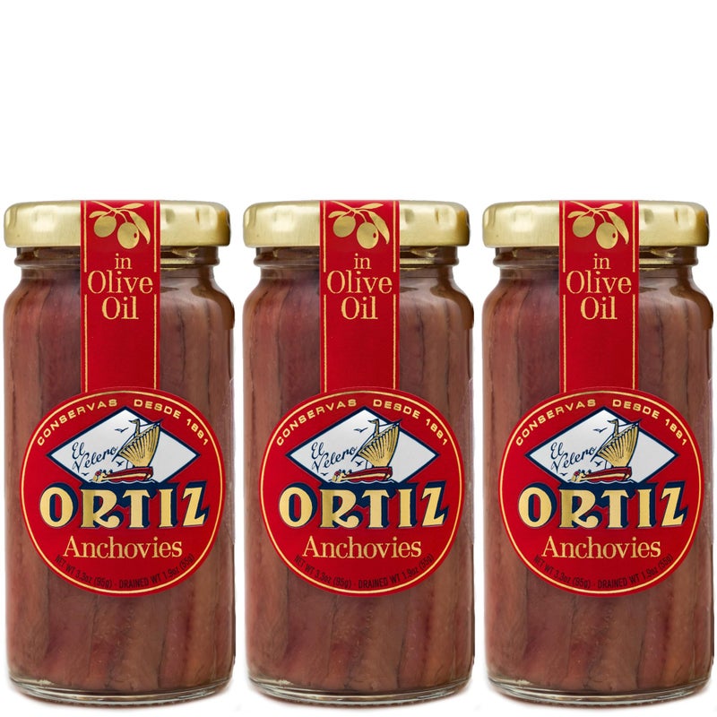 Ortiz Anchovies in Extra Virgin Olive Oil, Firm Buttery Fillets with a Rich Umami Taste, Wild Caught in Spain, Great for Pizza, Pasta and Caeser Salad, 3.3oz Glass Jar (Pack of 3) - Image 1